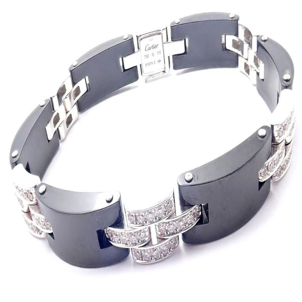 Authentic! Cartier Maillon Panthere 18K White Gold Diamond Ceramic Link Bracelet